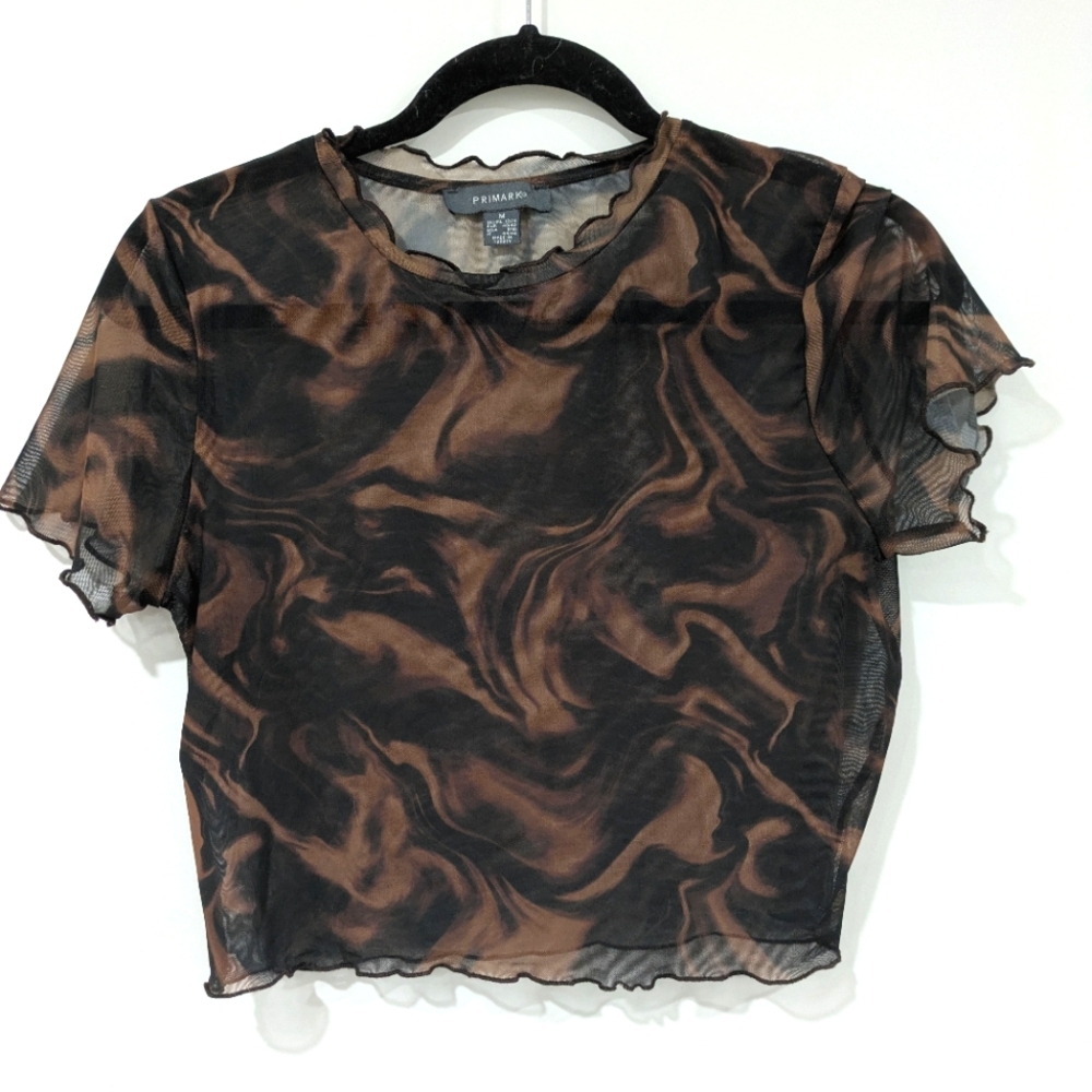 US M Primark Mesh Top with Swirl Pattern in Brown and Black